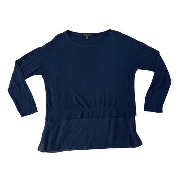 Eileen Fisher 100% Silk Blue Tunic Layered Look Long sleeve Blouse PM Petite M D - Picture 1 of 10